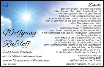 Traueranzeige von Wolfgang Raßloff von Südthüringer Presse