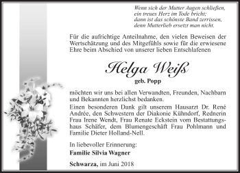 Traueranzeige von Helga Weiß von Südthüringer Presse