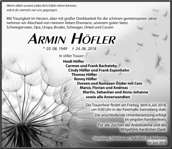 Traueranzeige von Armin Höfler von Südthüringer Presse