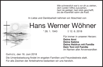 Traueranzeige von Hans Werner Wöhner von Neue Presse Coburg