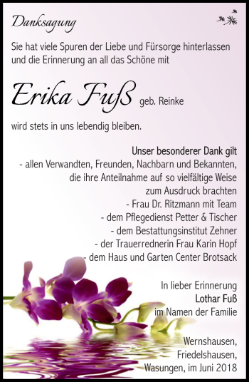 Traueranzeige von Erika Fuß von Südthüringer Presse