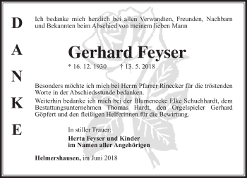 Traueranzeige von Gerhard Feyser von Südthüringer Presse