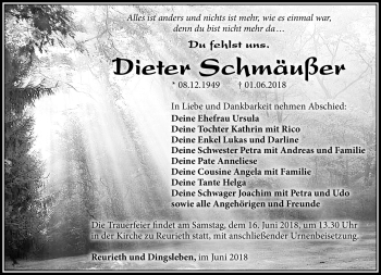 Traueranzeige von Dieter Schmäußer von Südthüringer Presse
