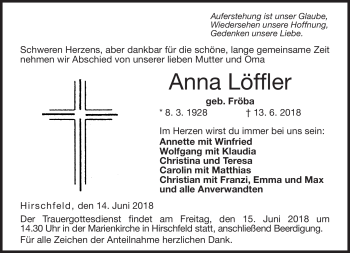 Traueranzeige von Anna Löffler von Neue Presse Coburg