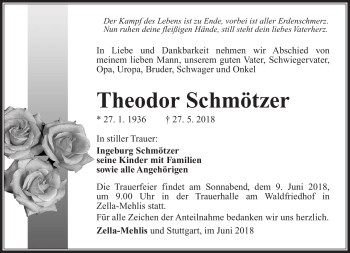 Traueranzeige von Theodor Schmötzer von Südthüringer Presse