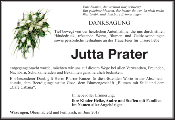 Traueranzeige von Jutta Prater von Südthüringer Presse
