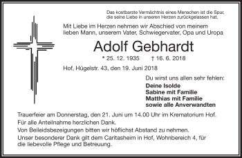 Traueranzeige von Adolf Gebhardt von Frankenpost