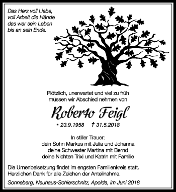 Traueranzeige von Roberto Feigl von Südthüringer Presse