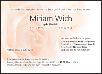 Traueranzeige von Miriam Wich von Neue Presse Coburg