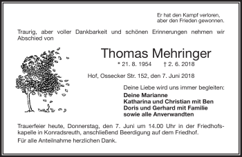 Traueranzeige von Thomas Mehringer von Frankenpost