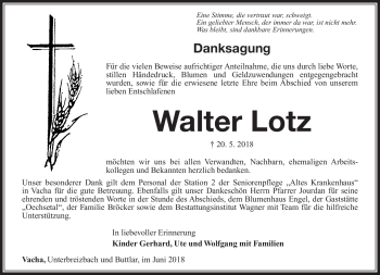 Traueranzeige von Walter Lotz von Südthüringer Presse