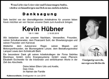 Traueranzeige von Kevin Hübner von Südthüringer Presse