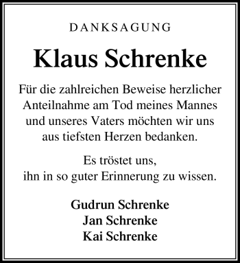 Traueranzeige von Klaus Schrenke von Südthüringer Presse