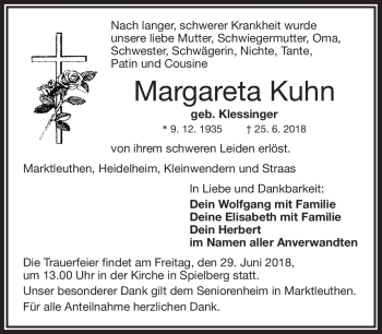 Traueranzeige von Margareta Kuhn von Frankenpost