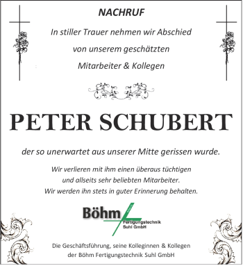 Traueranzeige von Peter Schubert von Südthüringer Presse