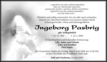 Traueranzeige von Ingeborg Pasbrig von Südthüringer Presse