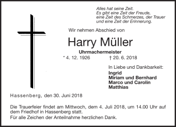 Traueranzeige von Harry Müller von Neue Presse Coburg