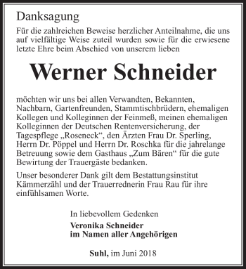 Traueranzeige von Werner Schneider von Südthüringer Presse