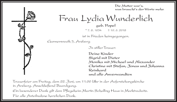 Traueranzeige von Lydia Wunderlich von Frankenpost