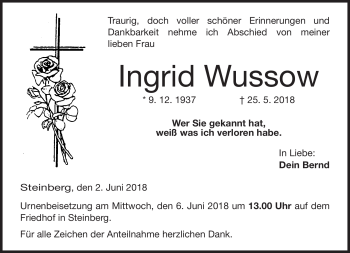 Traueranzeige von Ingrid Wussow von Neue Presse Coburg