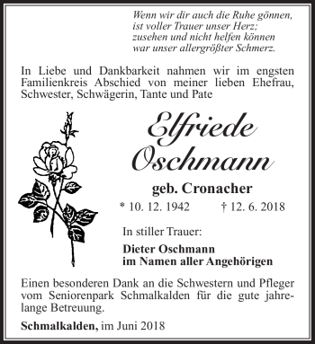 Traueranzeige von Elfriede Oschmann von Südthüringer Presse