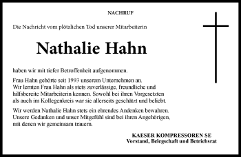 Traueranzeige von Nathalia Hahn von Neue Presse Coburg
