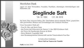 Traueranzeige von Sieglinde Saft von Südthüringer Presse