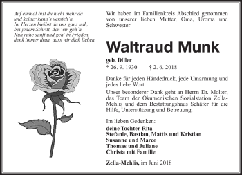 Traueranzeige von Waltraud Munk von Südthüringer Presse