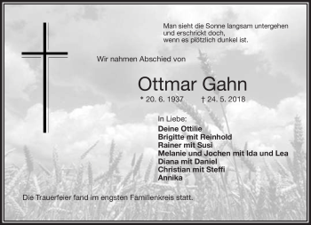 Traueranzeige von Ottmar Gahn von Frankenpost