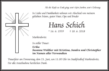 Traueranzeige von Hans Schich von Frankenpost