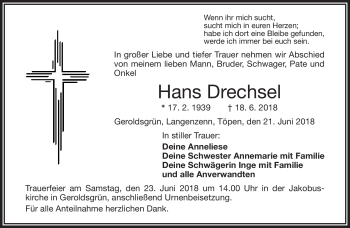 Traueranzeige von Hans Drechsel von Frankenpost