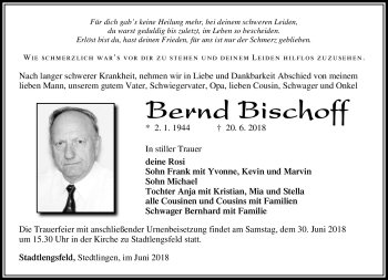 Traueranzeige von Bernd Bischoff von Südthüringer Presse