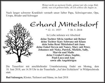 Traueranzeige von Erhard Mittelsdorf von Südthüringer Presse