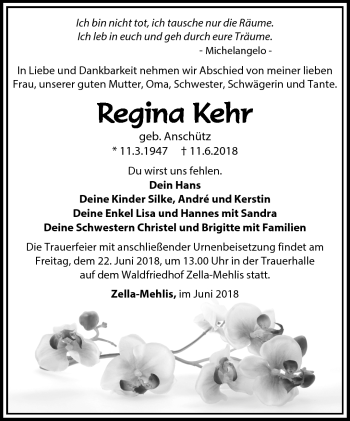 Traueranzeige von Regina Kehr von Südthüringer Presse