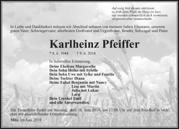 Traueranzeige von Karlheinz Pfeiffer von Südthüringer Presse