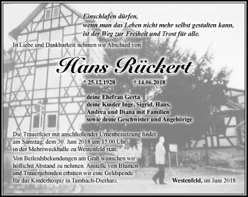 Traueranzeige von Hans Rückert von Südthüringer Presse