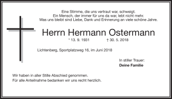 Traueranzeige von Hermann Ostermann von Frankenpost