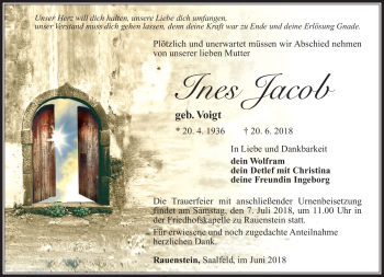 Traueranzeige von Jacob Ines von Südthüringer Presse