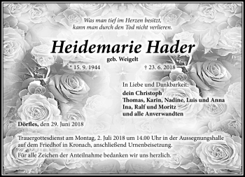 Traueranzeige von Heidemarie Hader von Neue Presse Coburg