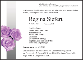 Traueranzeige von Regina Siefert von Südthüringer Presse