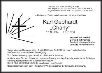 Traueranzeige von Karl Gebhardt von Frankenpost