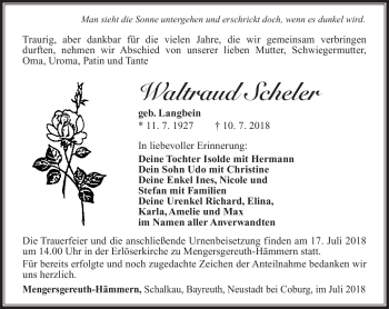 Traueranzeige von Waltraud Scheler von Südthüringer Presse