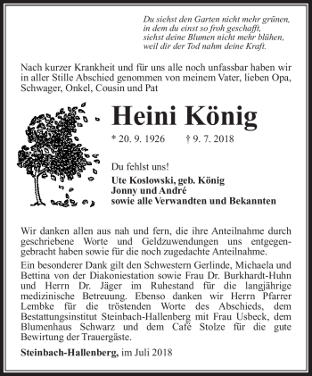 Traueranzeige von Heini König von Südthüringer Presse