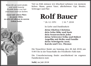 Traueranzeige von Rolf Bauer von Südthüringer Presse