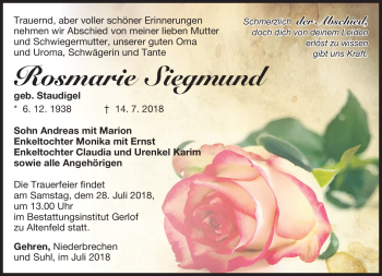 Traueranzeige von Rosmarie Siegmund von Südthüringer Presse