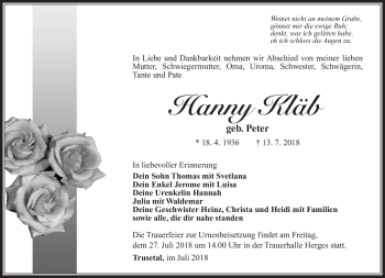 Traueranzeige von Hanny Kläb von Südthüringer Presse