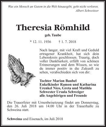 Traueranzeige von Theresia Römhild von Südthüringer Presse