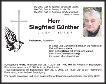 Traueranzeige von Siegfried Günther von Frankenpost