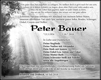 Traueranzeige von Peter Bauer von Südthüringer Presse
