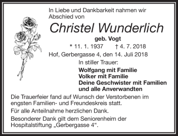 Traueranzeige von Christel Wunderlich von Frankenpost